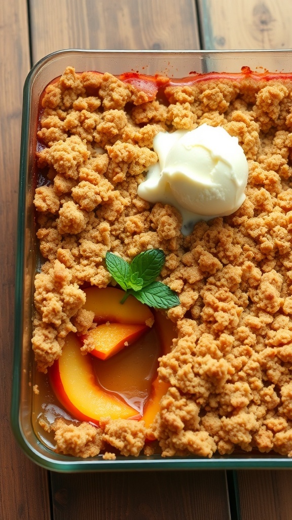 A golden peach crumble in a 9x13 pan with a scoop of vanilla ice cream on the side.